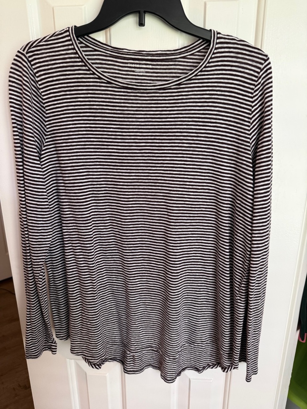Striped Long-Sleeve Crewneck Top - Brown & White